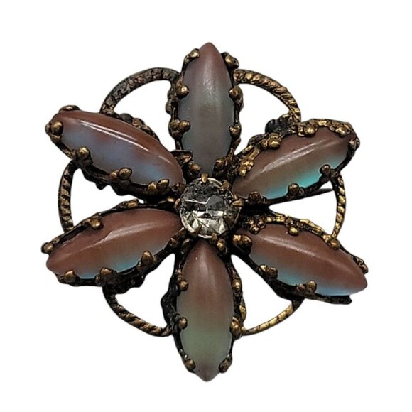 Victorian Saphiret Paste Flower Brooch Rare Czech Glass Antique Gold Tone - Picture 2 of 7